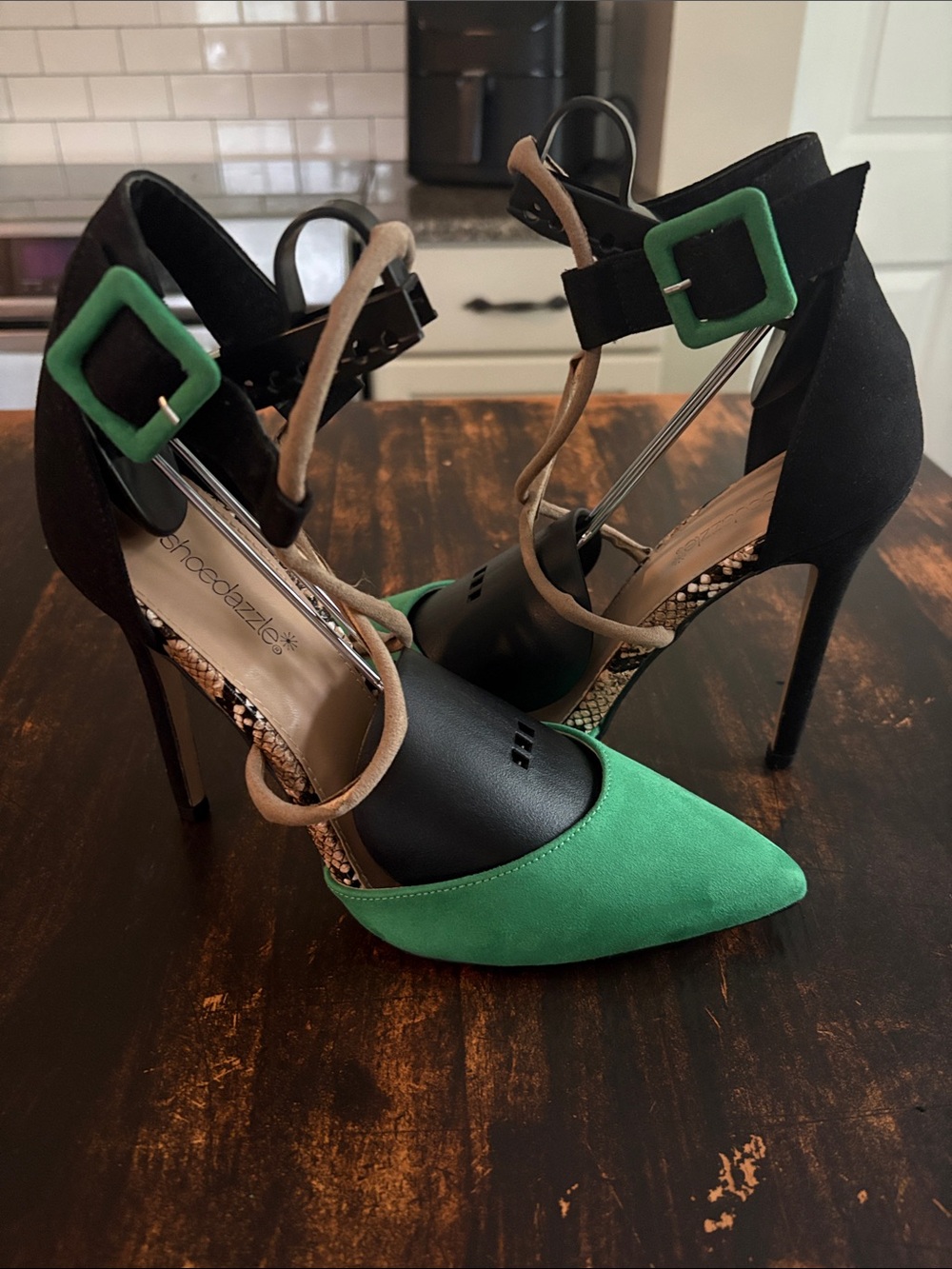 Shoe Dazzle Green & Black Pointed-Toe Ankle-Strap Heels with Tan Accents